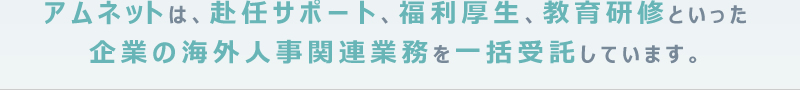 アムネットは、赴任サポート、福利厚生、教育研修といった企業の海外人事関連業務を一括受託しています。